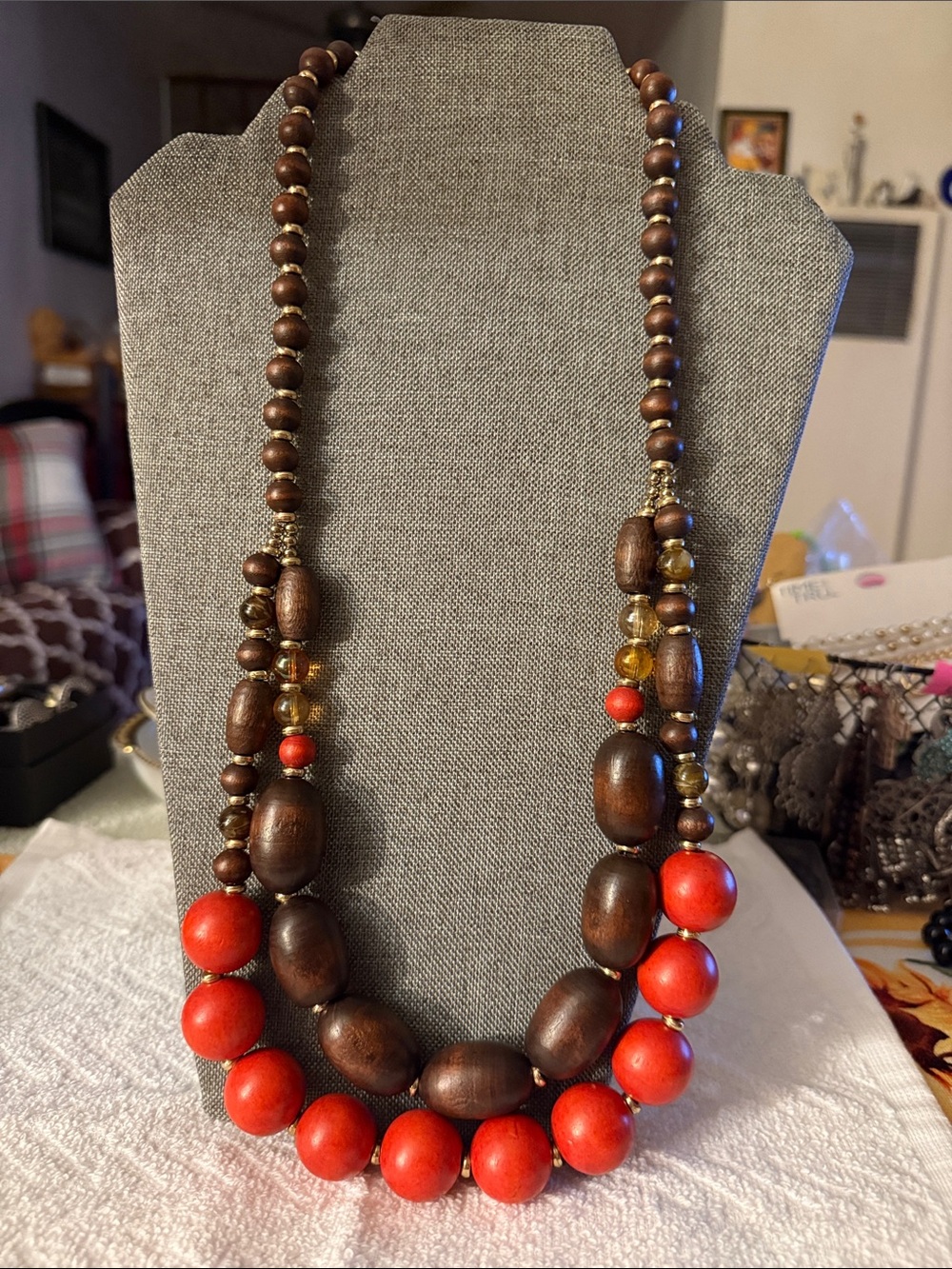 Wood Bead Statement Necklace in Brown and Red